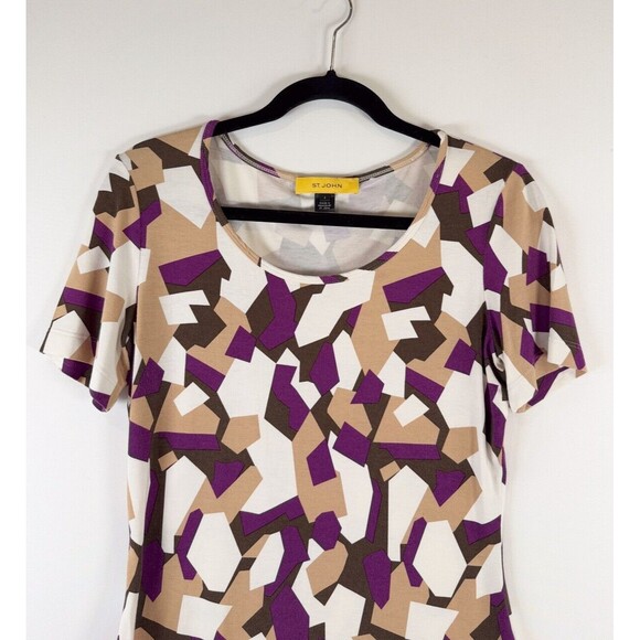 St John Womens Top Beige Abstract Short Sleeve Stretch Blouse Casual Size Small - Picture 6 of 11